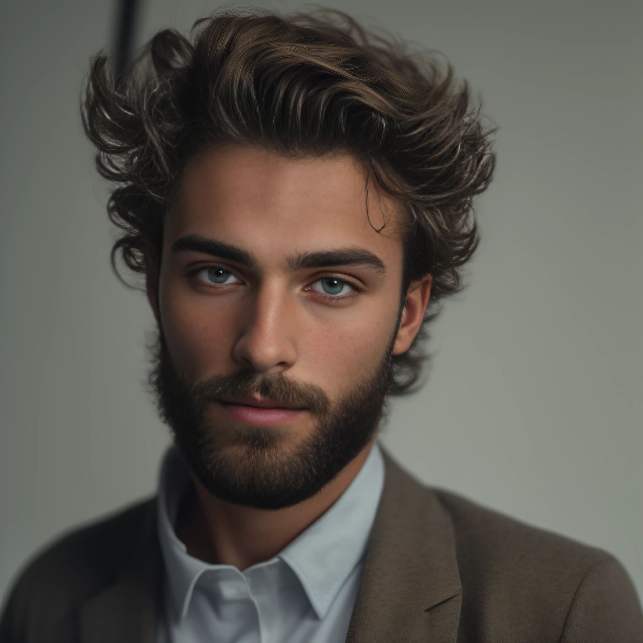 A 23-year-old man from Netherlands, masculine, bearded, full beard, role model, fully body, elegant pose, Very beauthful, looking-into-camera, detailled image, uhd, 8K, well-lit, grain of film, perfect  lighting