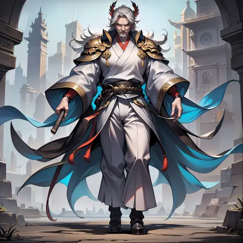 full body shot shot，white backgrounid。Yang Lin is a gray-haired old man，He is a powerful swordsman。Wearing ancient Chinese Taois...