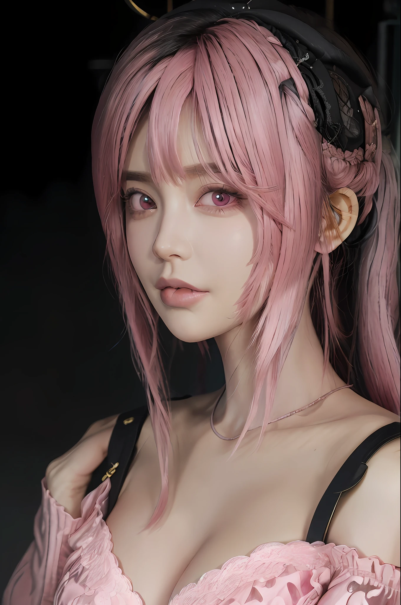 (masterpiece:1.3), (8k, photorealistic, RAW photo, best quality: 1.4), (1girl), beautiful face, (realistic face), (pink hair, long hair:1.9), (huge breast), beautiful hairstyle, realistic eyes, beautiful detailed eyes, (realistic skin), beautiful skin, red eyes, (sexy dress), (lace dress), (transparent dress), absurdres, attractive, ultra high res, ultra realistic, highly detailed, golden ratio