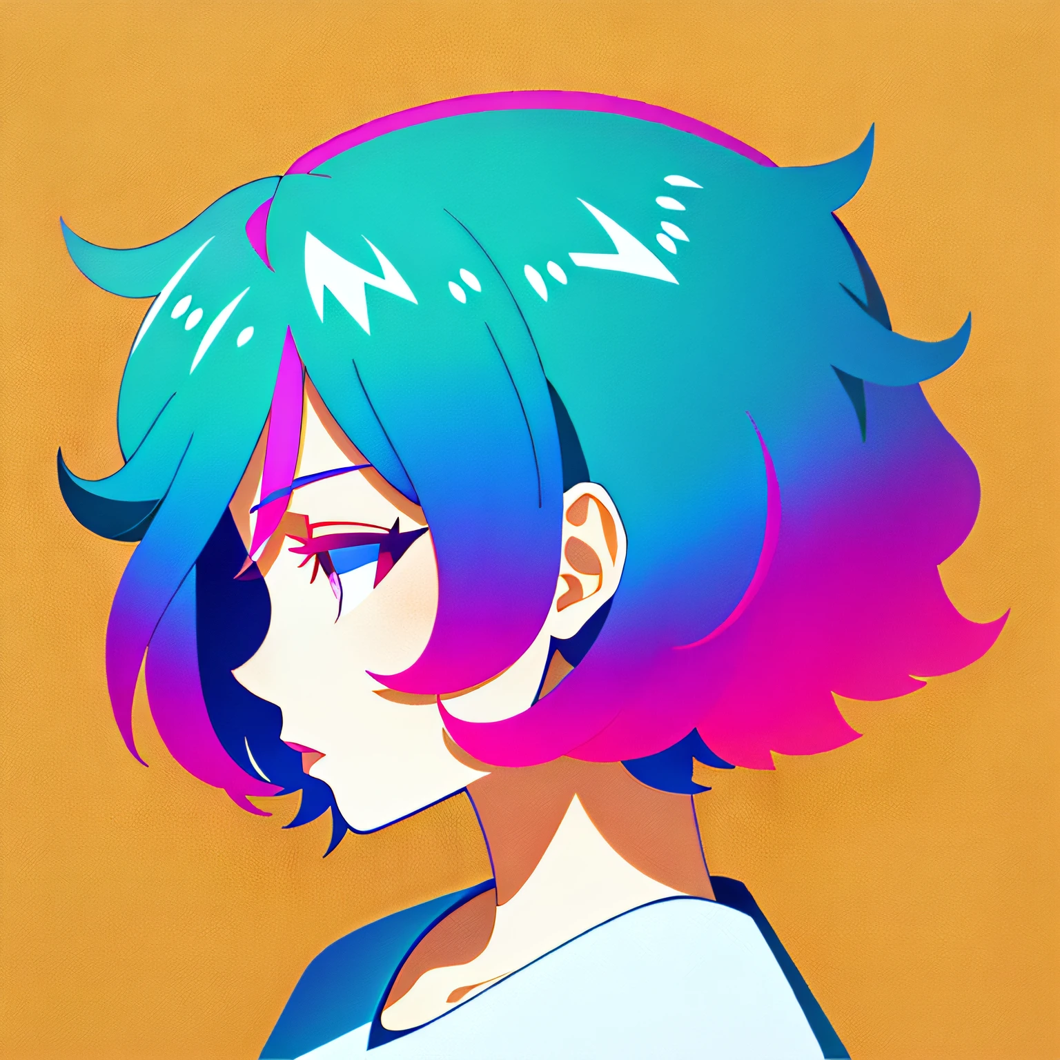 profile, deformed background, (Flat color), Solo, close-up face, (illustration), multi-layer, limited tone, isometry, dribbble style illustration, vivid pink hair, Clear eyes,