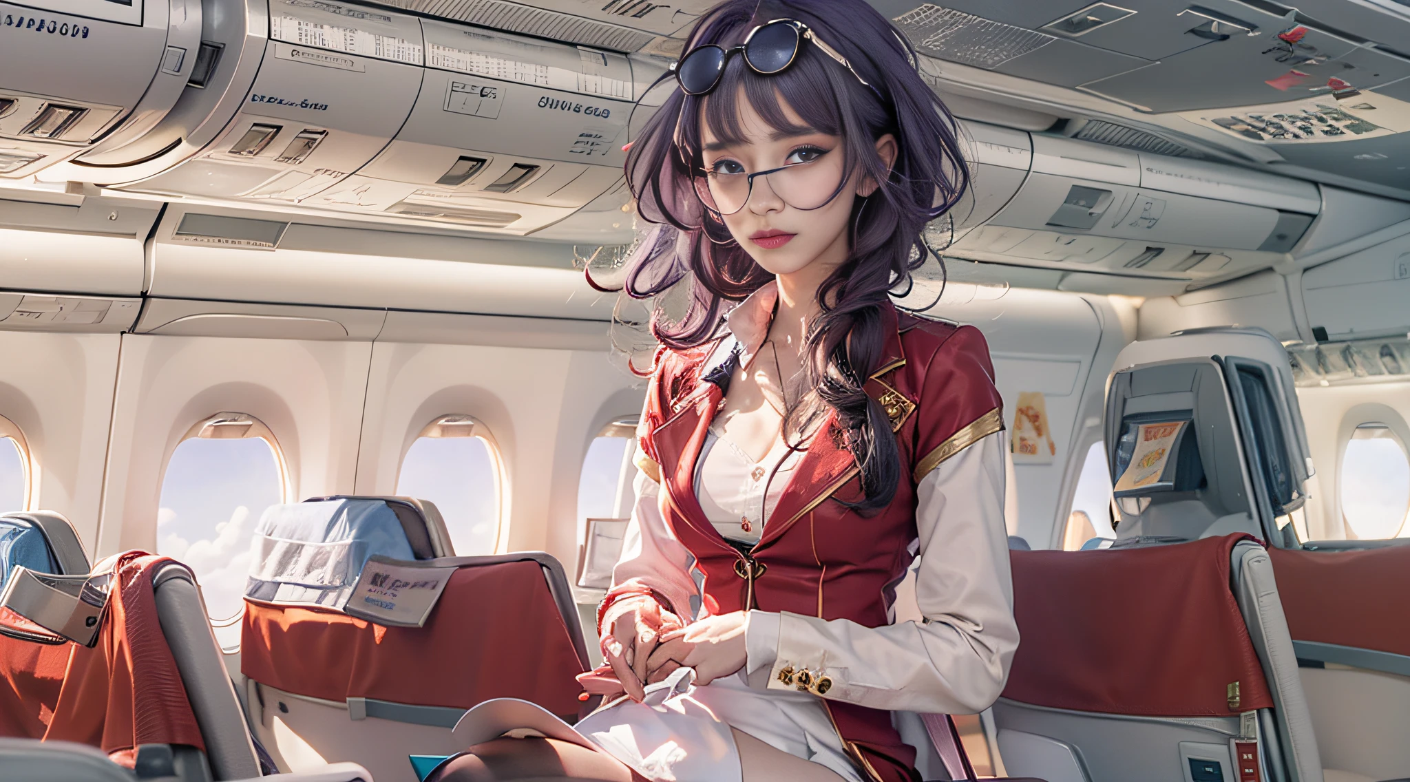 (Best quality: 1.1), (Realistic: 1.1), (Photography: 1.1), (highly details: 1.1), (1womanl), Airline flight attendants,Red coat,White shirt,Short skirt,black lence stockings,bent down,In the plane,KafkaHKS,hong kong,Purple eyes, Purple hair, eyewear on head, sunglasses,Large breasts,