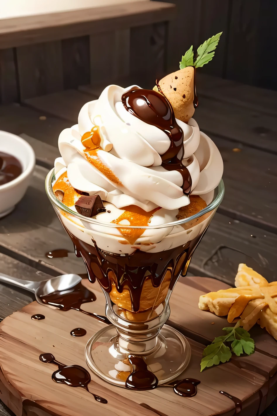 masterpiece, high quality, best quality, chocolate ice cream with marmalade, cone, foodphoto,