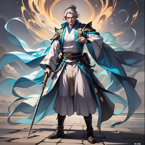 full body shot shot，white backgrounid。Yang Lin is a gray-haired old man，He is a powerful swordsman。Wearing ancient Chinese Taoist robes。His temperament is elegant and otherworldly，Informal，Take one's time，At the same time, and indomitable tenacity and dete...