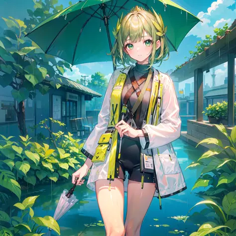 a green hair，girl white researcher coat，green underwear，holding a green umbrella，rainy day in the background