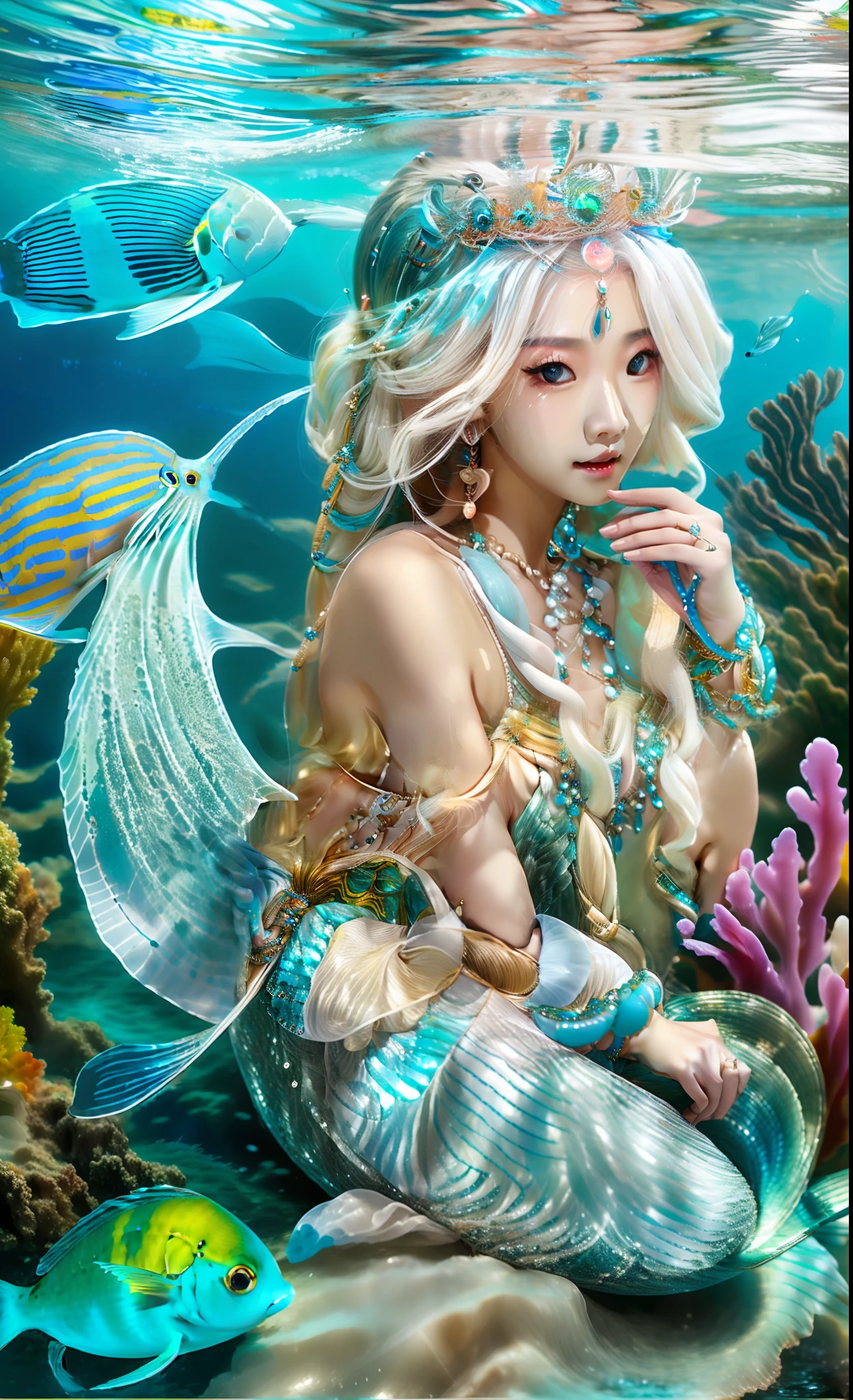 realisticlying，realisticlying，tmasterpiece，best qualtiy，1girll，solo，（（（Crystal textured hair））），Blue ocean，ocean floor、Mysterious mermaid、Beautiful coral reef、Small fish flutter around