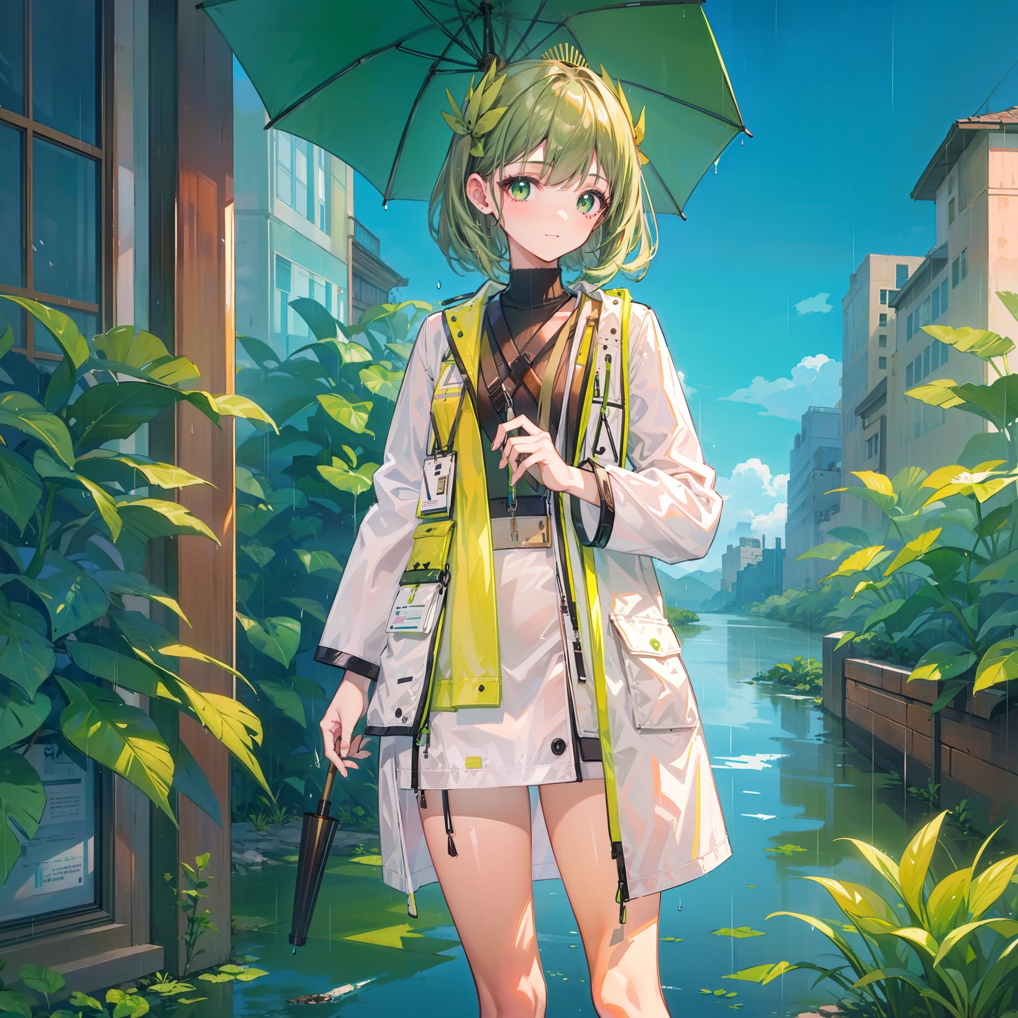 a green hair，Girl white researcher coat，Green underwear，Holding a green umbrella，Rainy day in the background