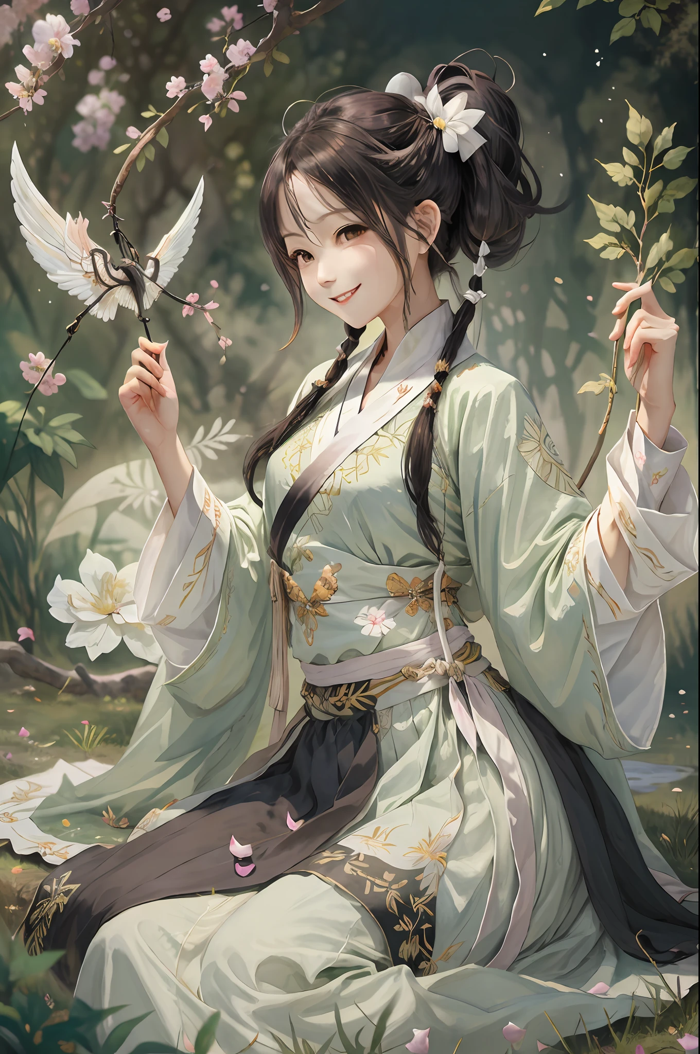 ancient wind，Kizi，Ink fairy，delicated，Light green eyes，long  white hair，High ponytail，pigtails，Wings，Extreme light and shadow，Hanfu，palaces，Light，8k wallpaper，Master painting，petals，lakes，bow and arrows，grin，Black eyes