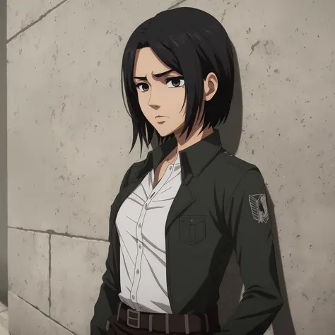 Mujer, Mikasa Ackerman, estilo Attack on Titan, Arte oficial Shingeki no Kyojin, corte de pelo corto, (cabello negro: 1.3), Mira...