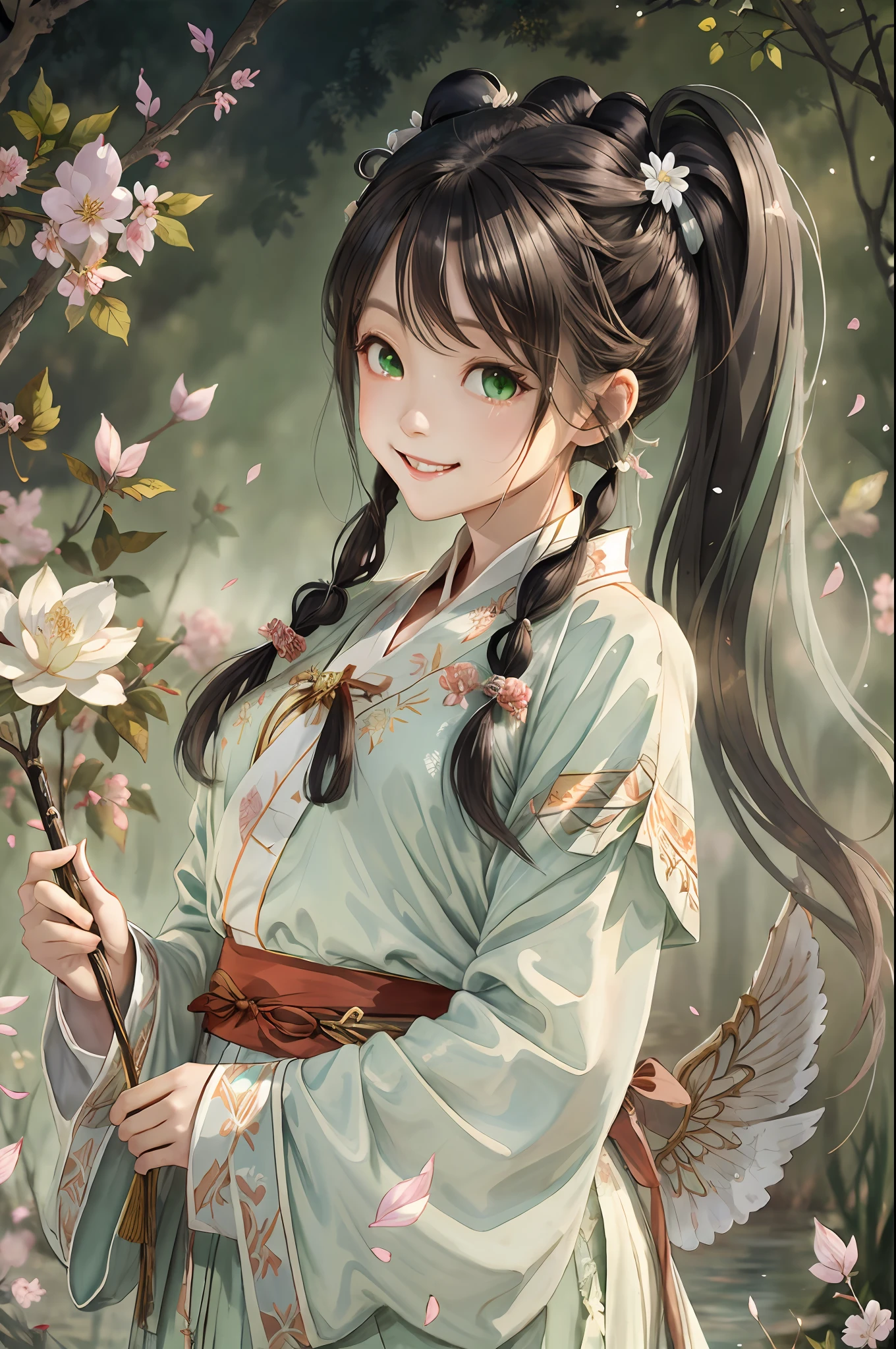 ancient wind，Kizi，Ink fairy，delicated，Light green eyes，long  white hair，High ponytail，pigtails，Wings，Extreme light and shadow，Hanfu，palaces，Light，8k wallpaper，Master painting，petals，lakes，bow and arrows，grin，Black eyes