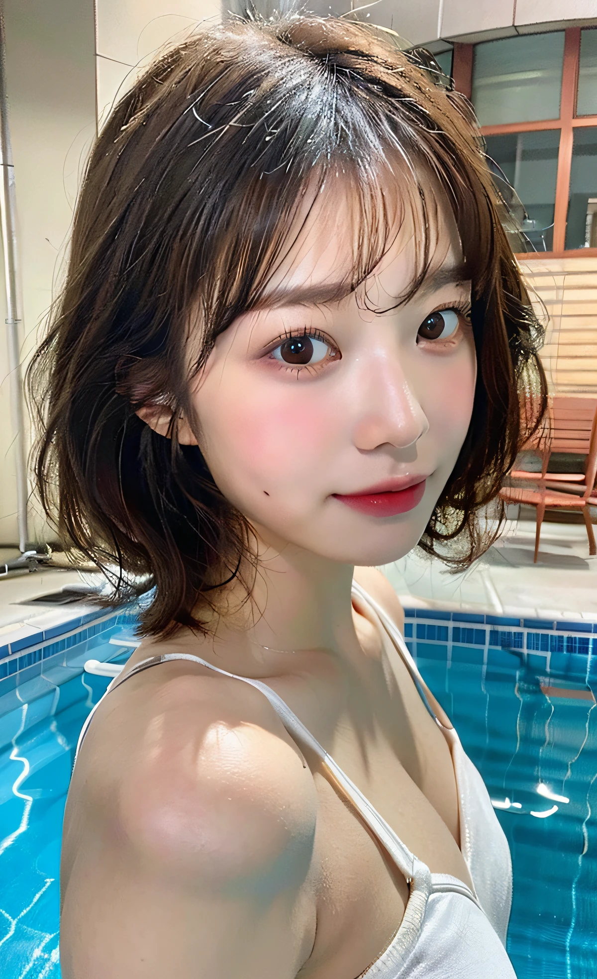 8K,超A high resolution ,(photographrealistic: 1.1) ,Detailed face ,One woman ,bob cuts ,(tits out:1.1) ,cleavage ,swim wears,a baby face ,Pool ,a closeup ,embarrassed,