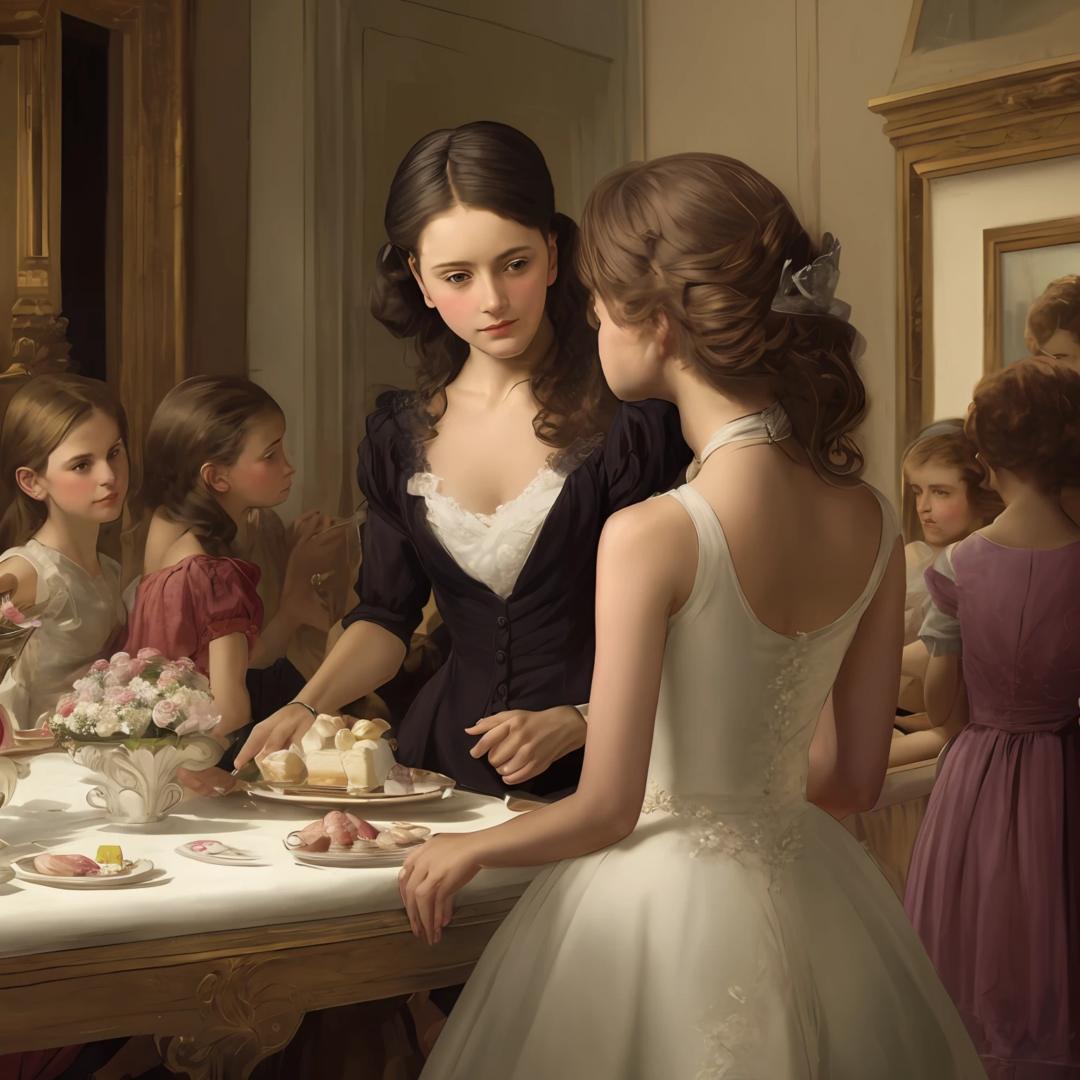 hay dos mujeres paradas en una mesa con un pastel, mary jane ansell, Nick Alm, por Emile Lahner, pintura de la época romántica, inspirado en antonio ciseri, Estilo artístico de John Collier, tuomas korpi bouguereau, Arte de Emile Eisman - Semenowsky, inspirado por Henryk Siemiradzki, Pintura de la época victoriana