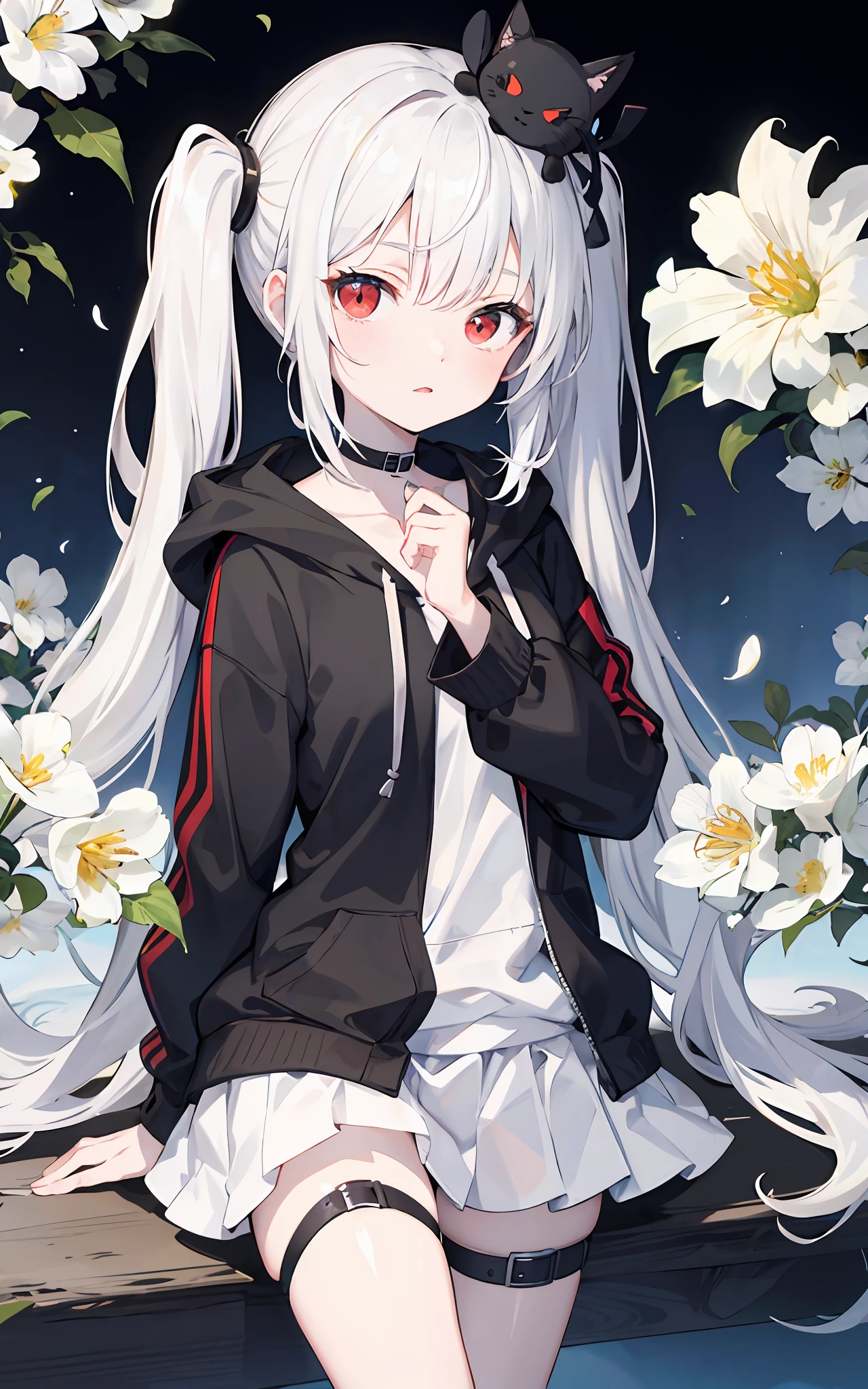 Pale skin, white hair, black hoodie, white flowers, flowers on head, Twintails, Loli, solo,{{best quality}}, {{masterpiece}}, {{ultra-detailed}}, {illustration}, {detailed light}, red eyes