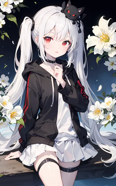 Pale skin, white hair, black hoodie, white flowers, flowers on head, Twintails, Loli, solo,{{best quality}}, {{masterpiece}}, {{...
