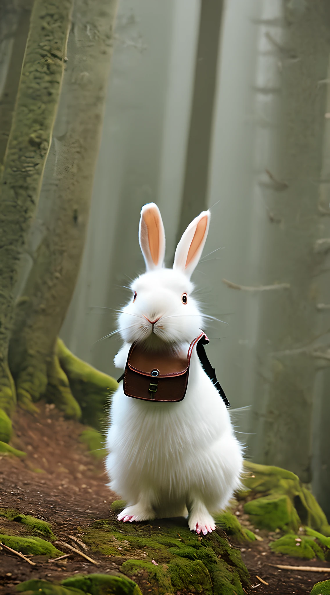 Classic negative portrait photo，Fantasy video game character concept art，Cute white furry bunny carrying a small brown leather backpack,Map hike through the forest,dungeons and dragons,rios,haze,Halo,blooms,Dramatic atmosphere,1970s dark fantasy film style,Central symmetry,the rule of thirds。