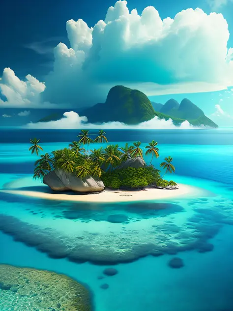 arafed island with palm trees and a sandy beach, tropical island, epic matte painting of an island, island in a blue sea, an isl...