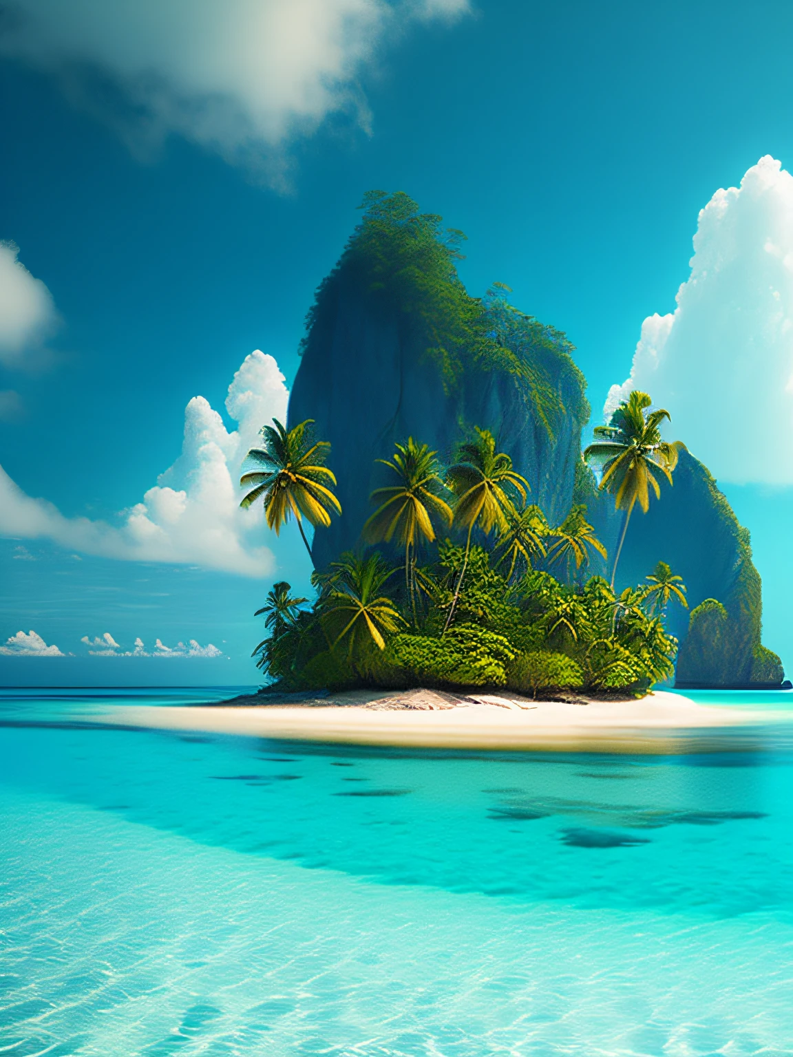 arafed island with palm trees and a sandy beach, tropical island, epic matte painting of an island, island in a blue sea, an island floating in the air, an island, island landscape, island floating in the sky, island background, monsoon on tropical island, island in the background, floating island, tropical location, island, island with cave, many islands, no humans, tree, cloud, sky, outdoors, scenery, day, palm tree, ocean, water, beach, blue sky, horizon, cloudy sky, nature, sand