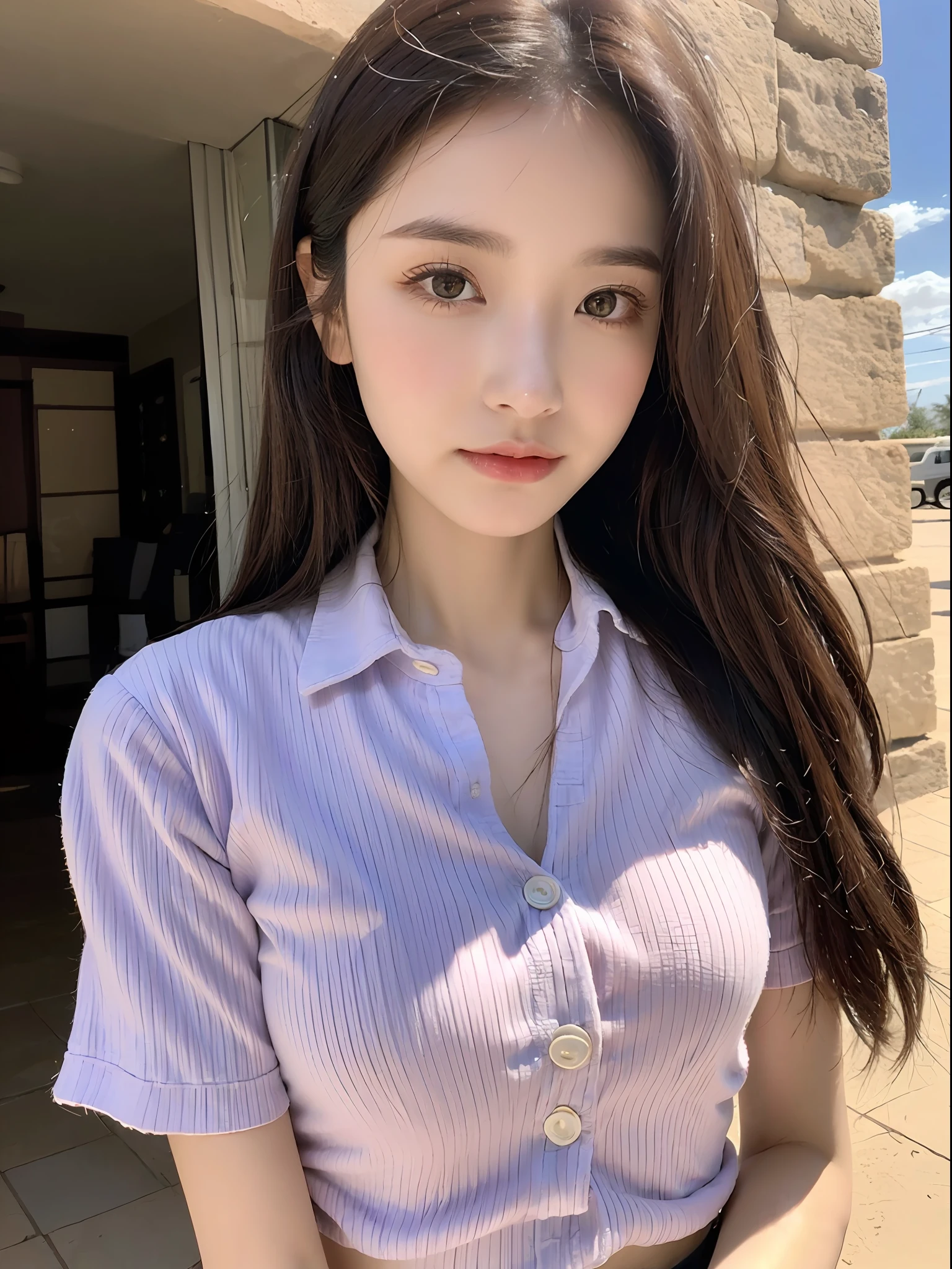 (High-resolution 8K raw photos are realistic,best qualtiy,),A schoolgirl,(JK school uniform，pleatedskirt，button- shirt),(half-body shots),(Long lavender hair),Skinny and small,beautidful eyes,Super detailed face,Beautiful woman,tight-fitting,Big breasts Thin waist,Bigchest,Teenage uncensored,cute female child,Glowing skin,20yr old,(Egyptian pyramids，outside，A desert)，Sharpen,Chiffon,Front light，Solo，Perspectiva subjetiva,(Close-up),Focus on the face,Microlenses