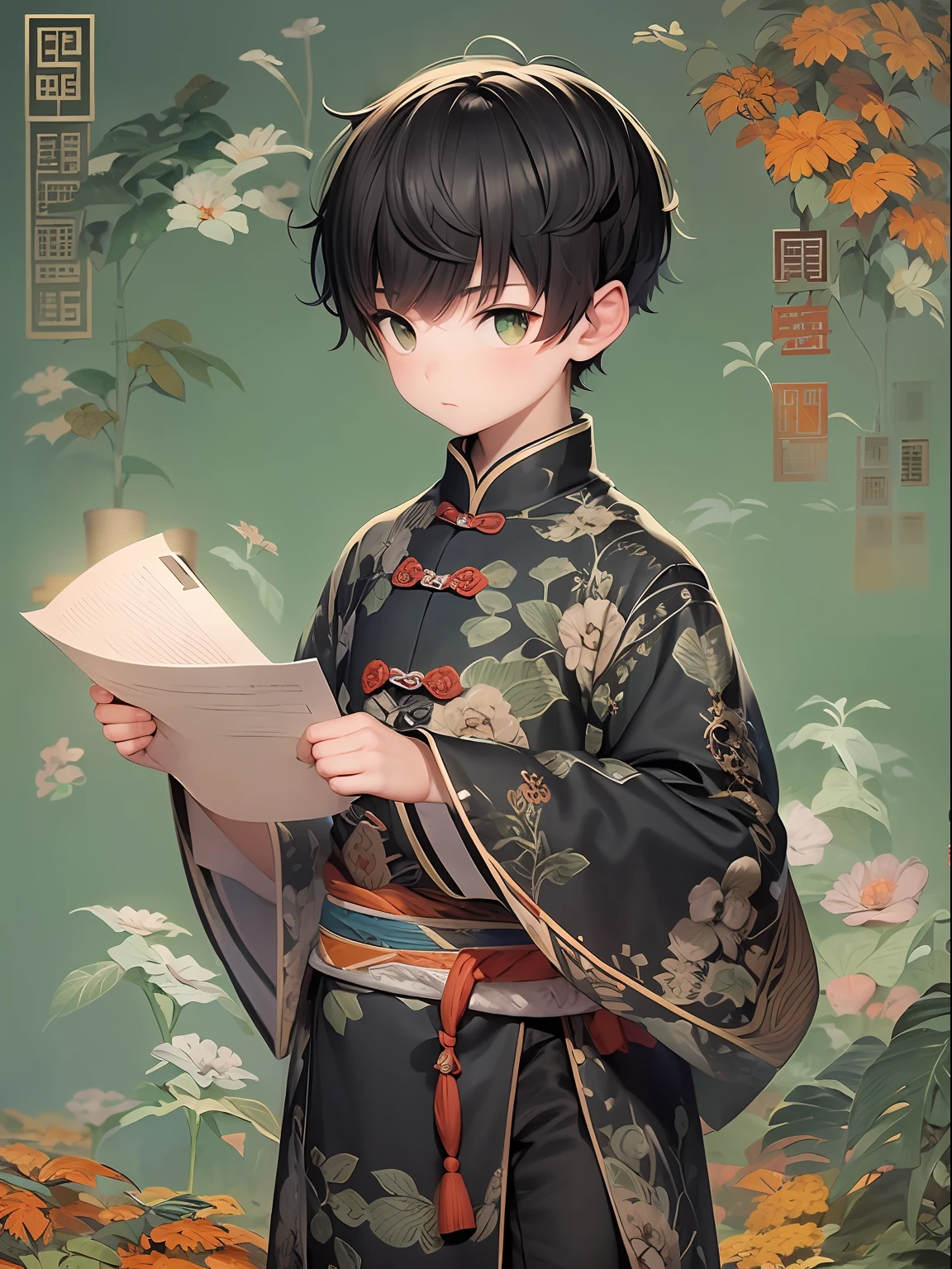 a boy, cute, hold a paper, wearing chinese clothes, black short hair, green background, black hair, masterpiece, ccurate, anatomically correct, best quality, high details, highres, HD