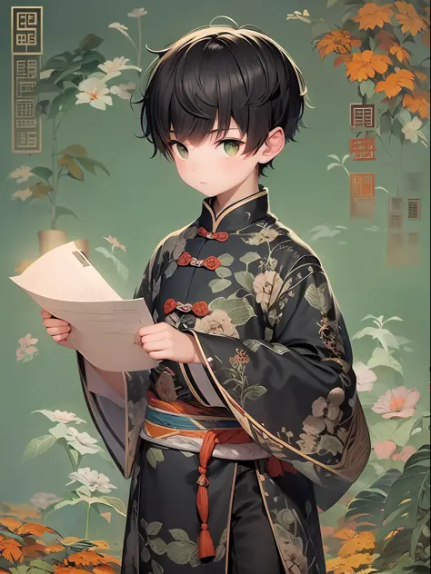 a boy, cute, hold a paper, wearing chinese clothes, black short hair, green background, black hair, masterpiece, ccurate, anatom...