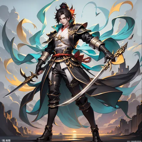 full body shot shot，white colors。Huang Yi is a handsome man，Master of swordsmanship，Known as the Sword Demon。He wears a black an...