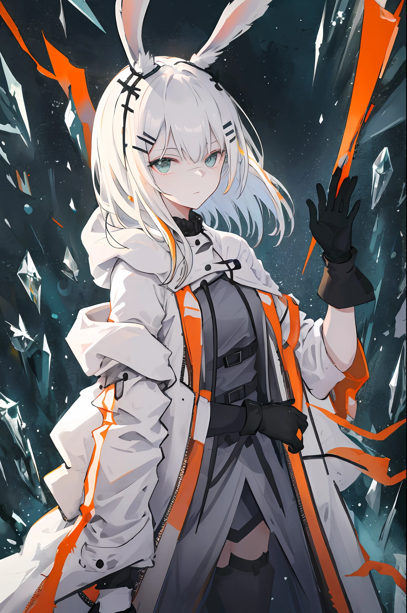 The background is full of cold，White-haired girl with rabbit ears，A black hairpin is buttoned in his hair，Wearing a white coat，Inside was a black dress，An orange band hangs from the clothes，Lets you wear black gloves，Black stones with metallic sheen grow on bare arms，Holding an ice crystal in his hand