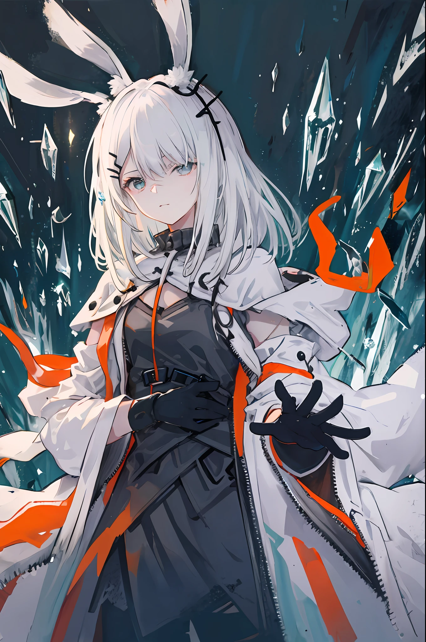 The background is full of cold，White-haired girl with rabbit ears，A black hairpin is buttoned in his hair，Wearing a white coat，Inside was a black dress，An orange band hangs from the clothes，Lets you wear black gloves，Black stones with metallic sheen grow on bare arms，Holding an ice crystal in his hand