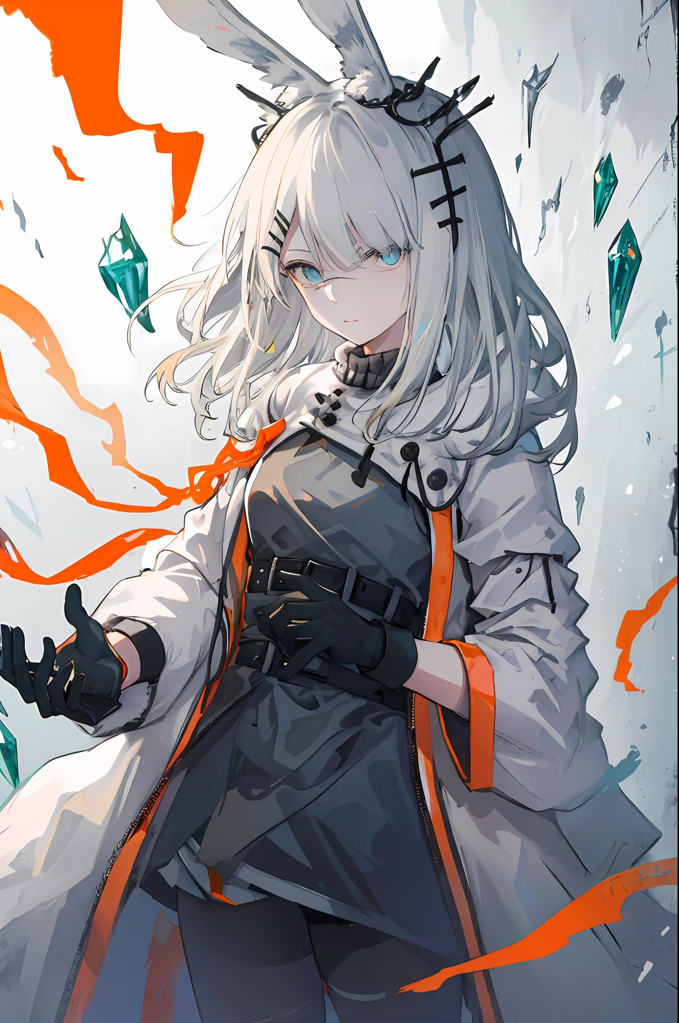 The background is full of cold，White-haired girl with rabbit ears，A black hairpin is buttoned in his hair，Wearing a white coat，Inside was a black dress，An orange band hangs from the clothes，Lets you wear black gloves，Black stones with metallic sheen grow on bare arms，Holding an ice crystal in his hand