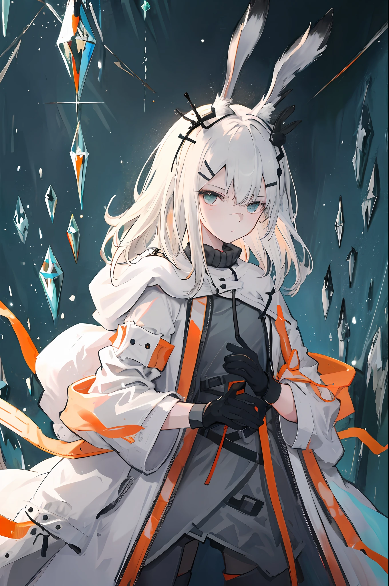 The background is full of cold，White-haired girl with rabbit ears，A black hairpin is buttoned in his hair，Wearing a white coat，Inside was a black dress，An orange band hangs from the clothes，Lets you wear black gloves，Black stones with metallic sheen grow on bare arms，Holding an ice crystal in his hand