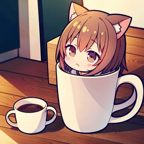 1girll，coffee mug，coda，in mug，cat ear，white pajama，Dull hair