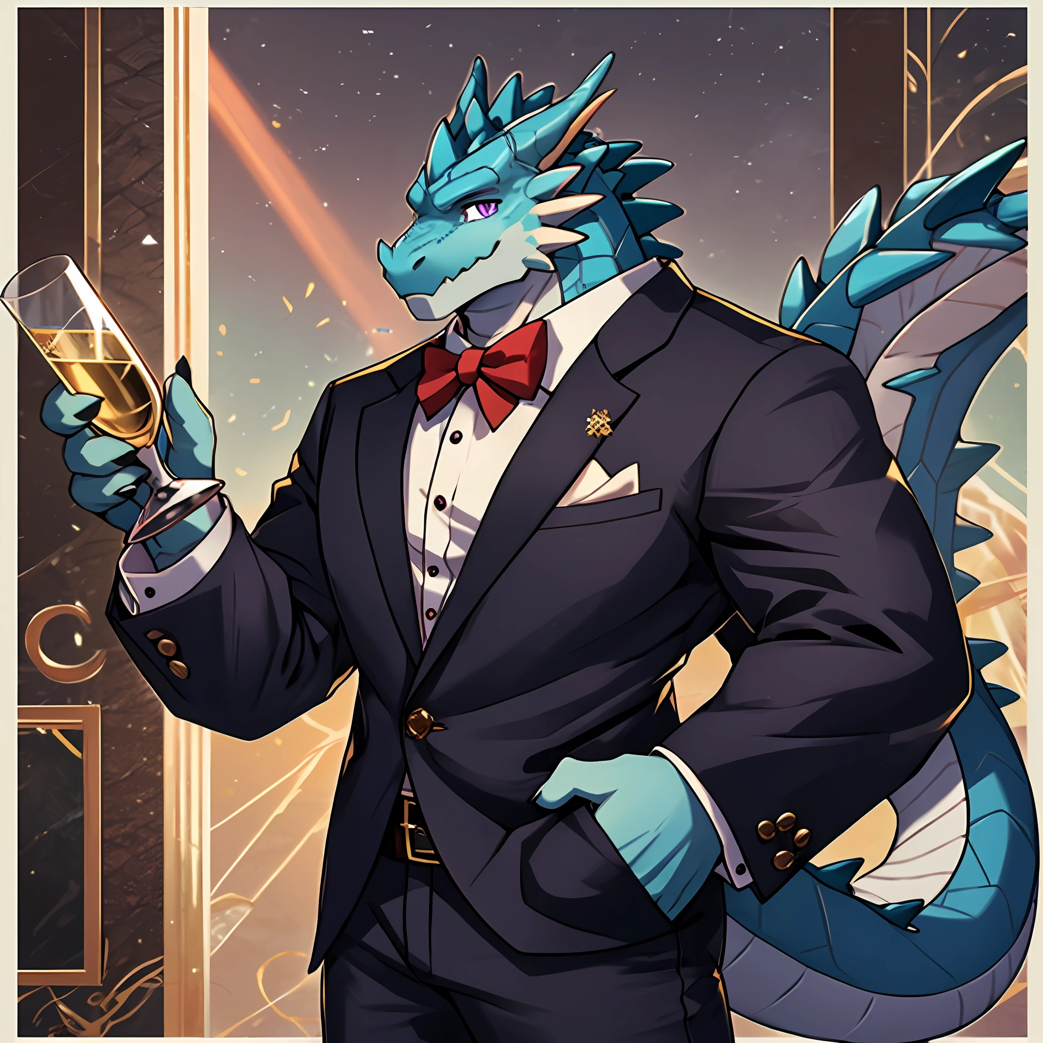 独奏，Dragon orcs，Skinny figure，Handsome model，Royal blue scales，Smoky purple pupils，There are fine cyan scales at the corners of the eyes，Wear a dark green suit，Wear a red bow tie，Sip champagne，The other hand is in the pocket，Golden prom background