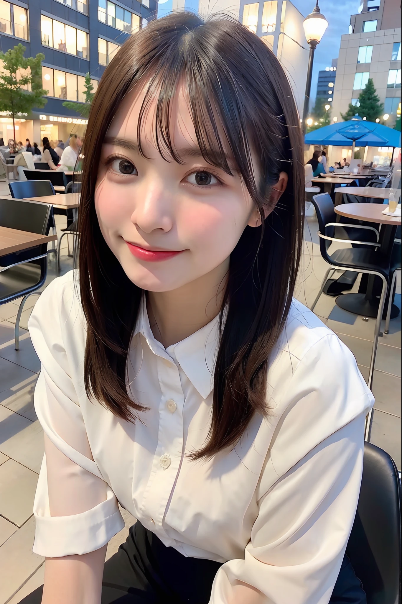 top-quality、超A high resolution、(photoRealstic:1.4)、red blush、cute little、(Detailed face)、Smile a lot、Looking at the camera、The whole of the body、common、Sunnyday、a river、(cherry trees)、blue-sky