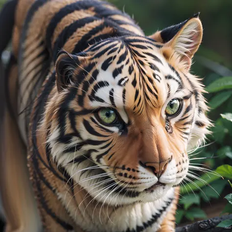 tigre，stripe，strong，Majesty，sharpest，Magnificent，agility，hunting，attention-grabbing，The gaze is sharp and focused，A majestic，realisticlying，Non-human