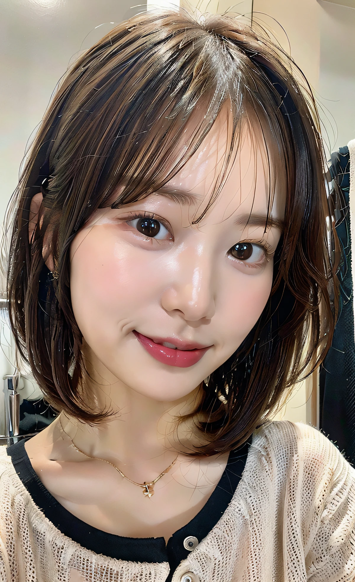 8K,超A high resolution ,(photographrealistic: 1.1) ,Detailed face ,1人の女性 ,Avant-garde ,bob cuts ,(tits out:1.1) ,a baby face ,a closeup ,A slight smil,Cloth one ,