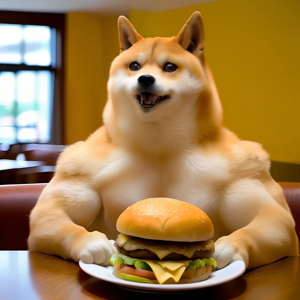 a professional photo of [(((buff Swoledoge))):buff Swoledoge:8], grinning, dog body, eating a large burger in a restaurant, cinematic dramatic light, smooth transition, bokeh