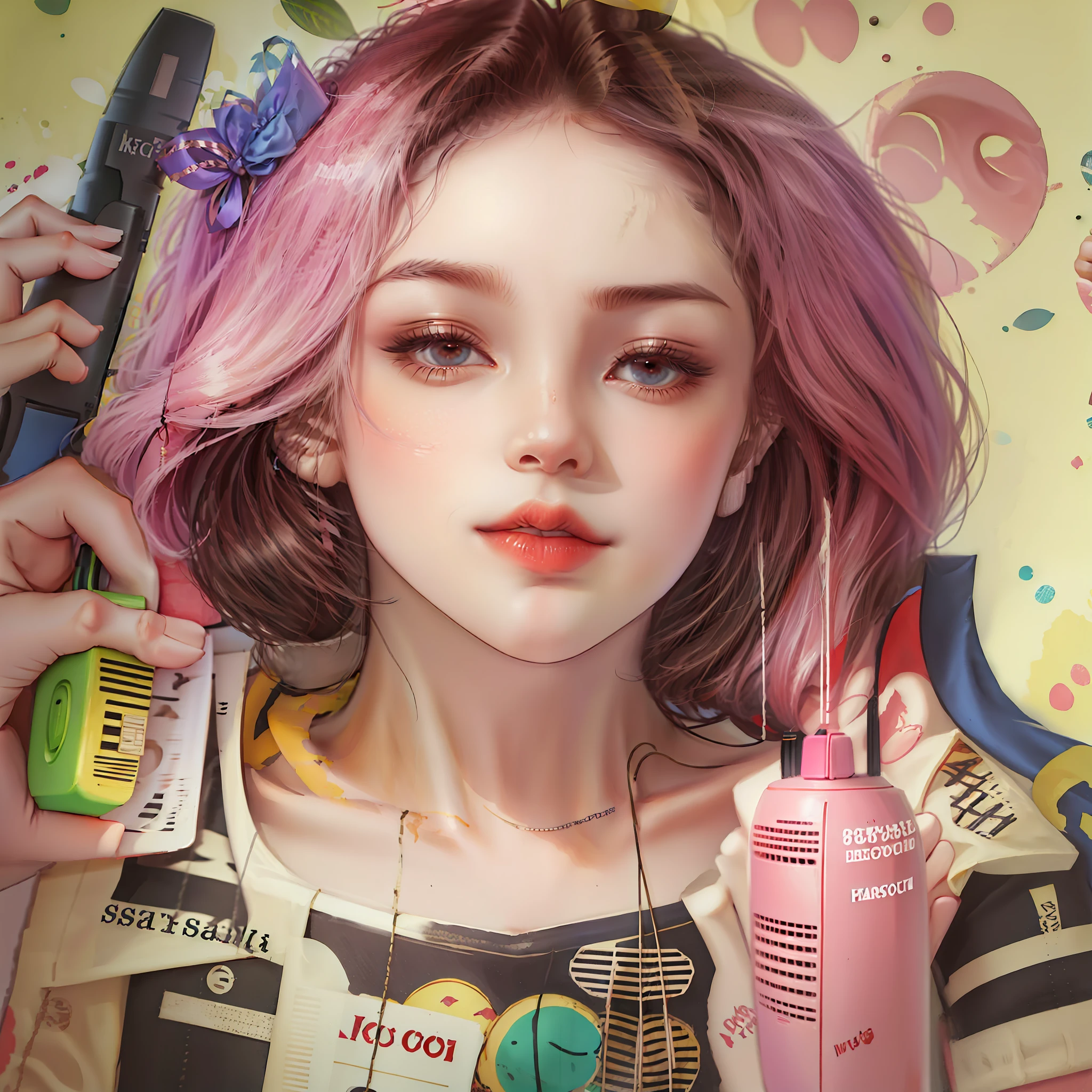 There is a girl with pink hair holding a cell phone and a bottle - SeaArt AI