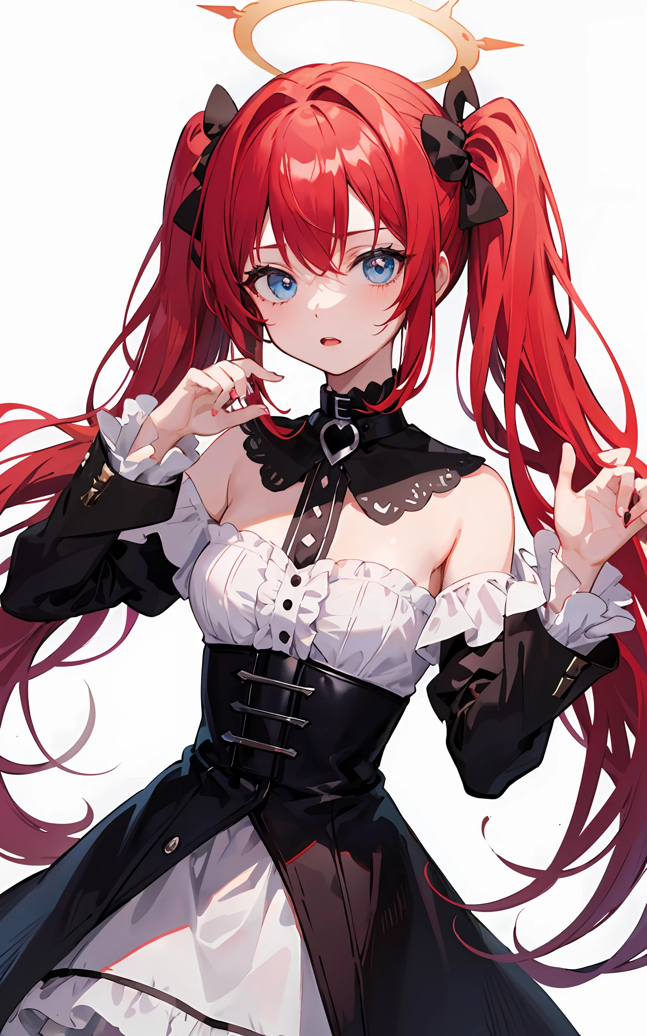 {{best quality}}, {{masterpiece}}, {{ultra-detailed}}, {illustration}, {detailed light}, Red hair, Blue eyes, twintails, Goth Lolita, Darkgoth, Collar,Crown tiara,pride,solo,loli,Long hair,Red vine, halo