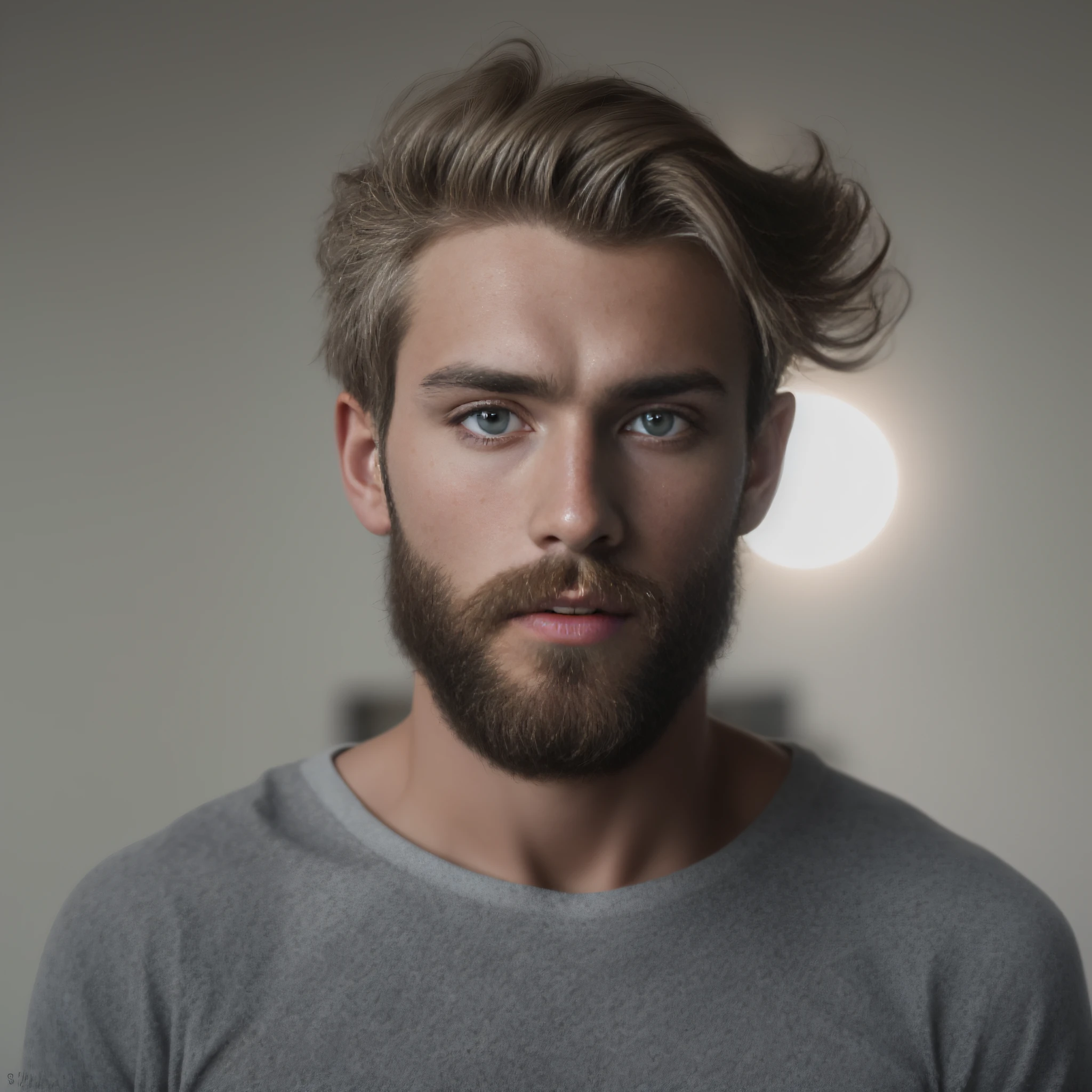 A 23-year-old man from Finland, masculine, bearded, full beard, role model, fully body, Very beauthful, looking-into-camera, detailled image, uhd, 8K, well-lit, grain of film, perfect  lighting