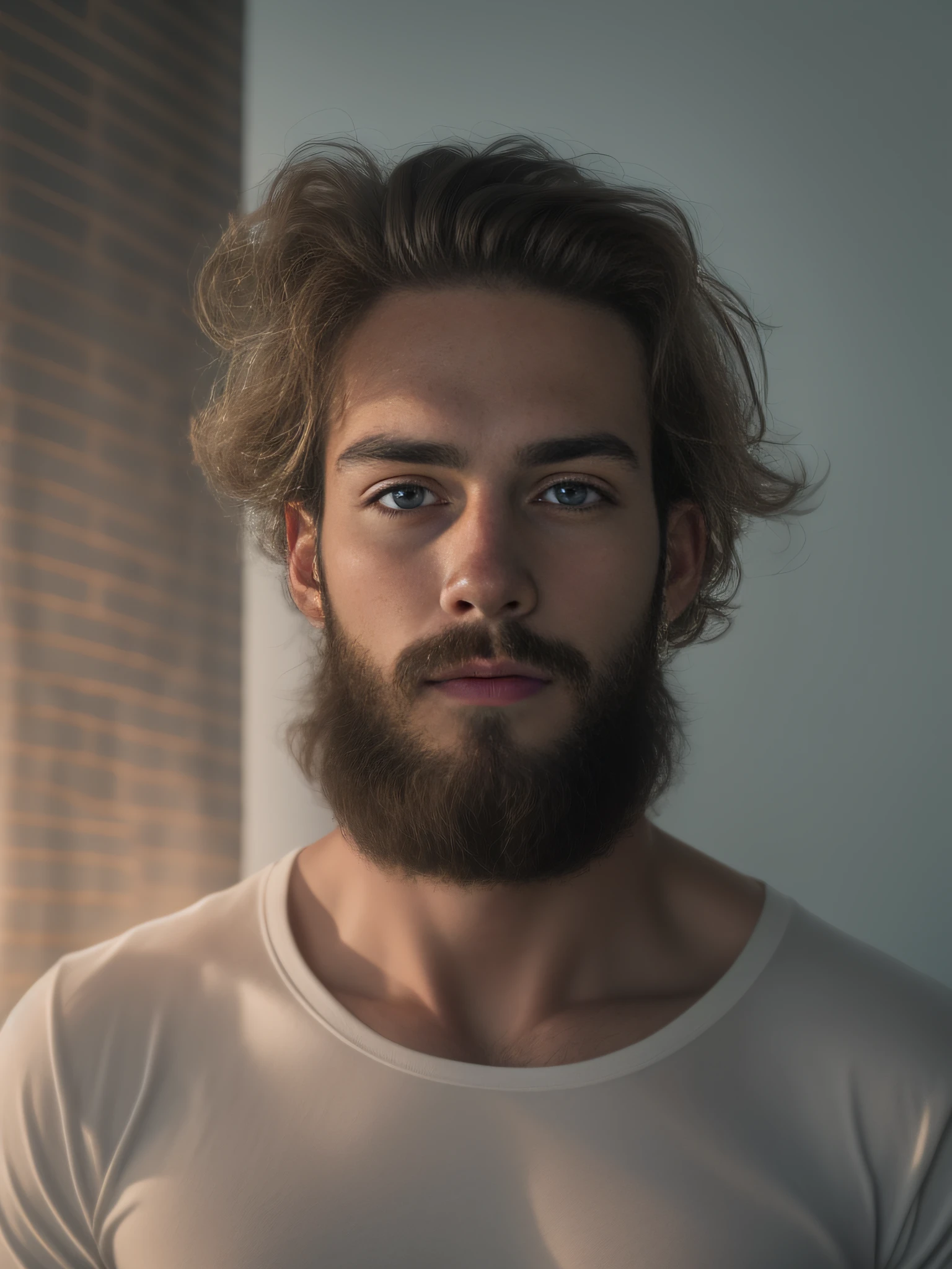 Um homem de 23 anos da Finlândia, masculino, barbudo, barba cheia, Modelo, corpo inteiro, muito bonito, olhando para a câmera, imagem detalhada, Ultra HD, 8K, bem iluminado, grão de filme, iluminação perfeita