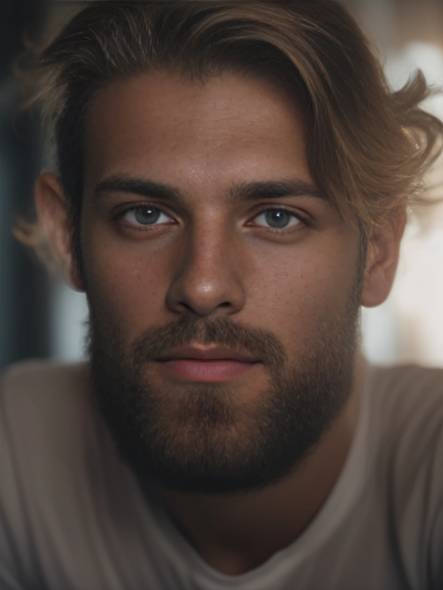 A 23-year-old man from Finland, masculino, barbudo, barba cheia, modelo, corpo inteiro, muito bonito, looking-into-camera, imagem detalhada, UHD, 8k, bem iluminado, grain of film, perfect  lighting