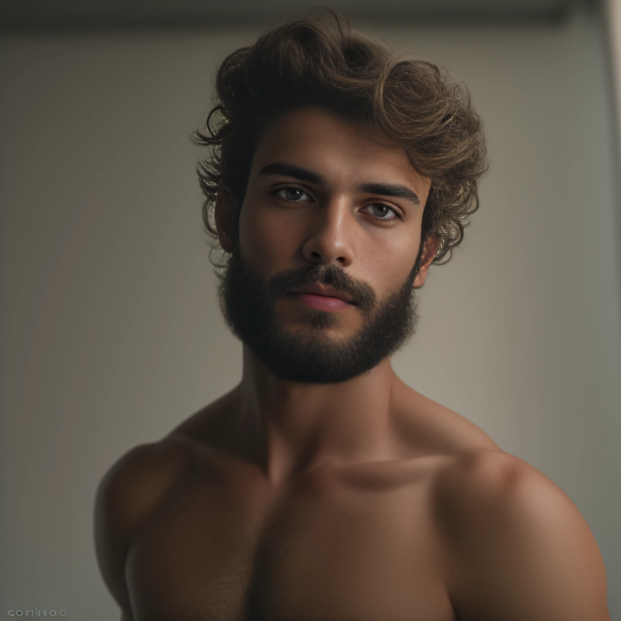 A 23-year-old man from Netherlands, masculine, bearded, full beard, role model, fully body, Very beauthful, looking-into-camera, detailled image, uhd, 8K, well-lit, grain of film, perfect  lighting