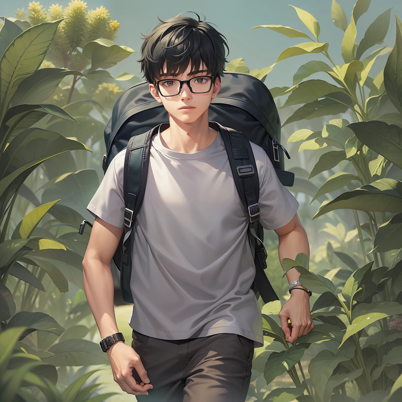 a 17 years old tennager male, wearing black frame glasses, shirt, exercising plants, thin body type, carries a backpack, green background, black hair, masterpiece, ccurate, anatomically correct, best quality, high details, highres, HD