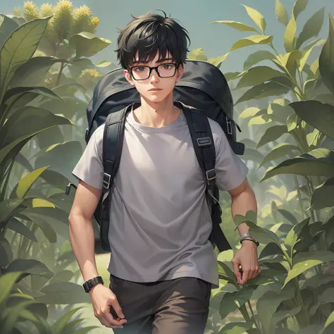 a 17 years old tennager male, wearing black frame glasses, shirt, exercising plants, thin body type, carries a backpack, green b...