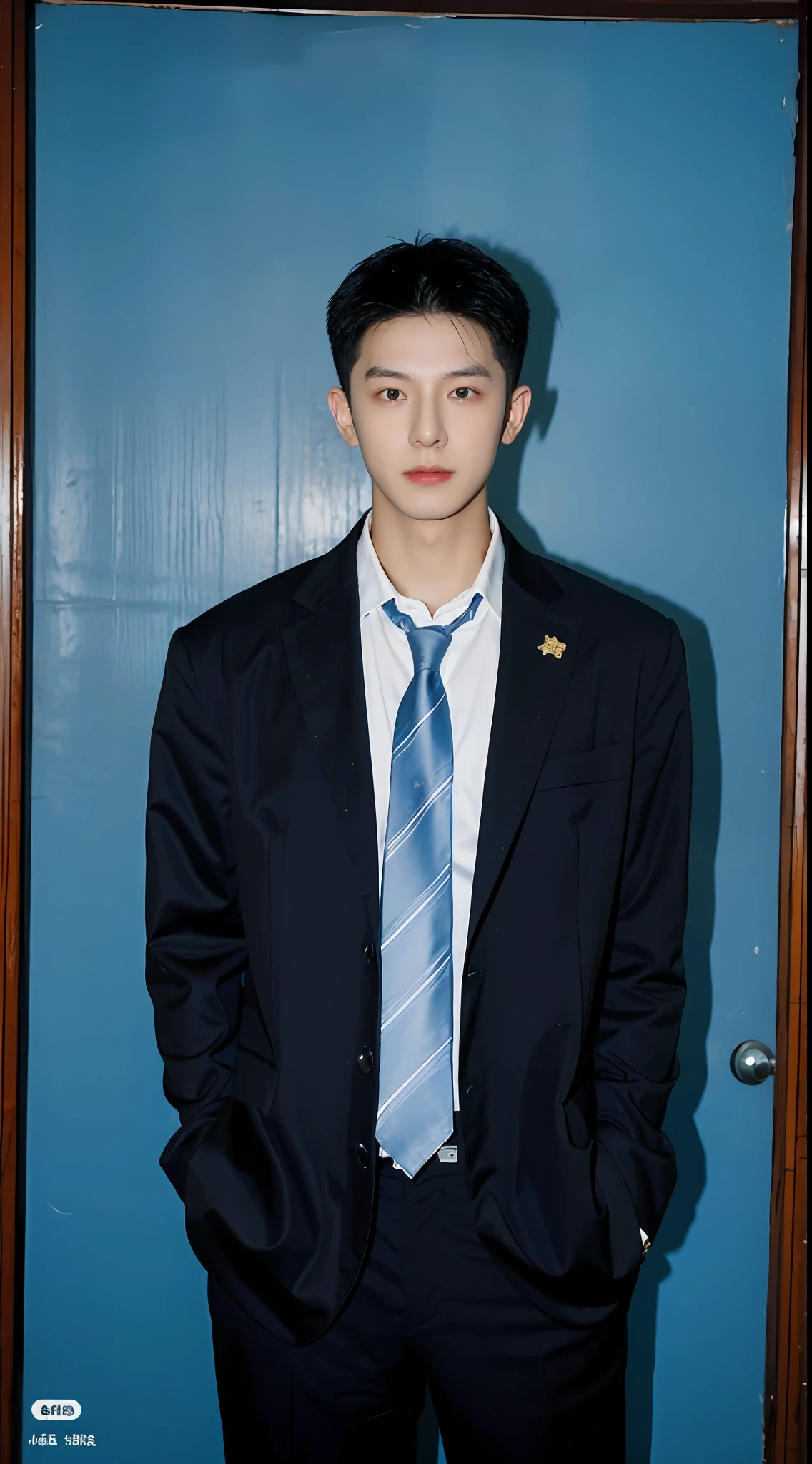 （Handsome Chinese guy：1.5），A man wears formal clothes，ID photo，blue backdrop，No ID photo，exquisite facial features，schoolboy，photore，realisticlying，Business suit,solid blue background