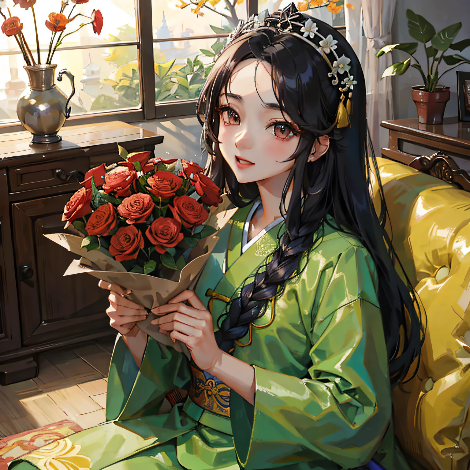 Anime girl in green kimono holding a bouquet of roses - SeaArt AI