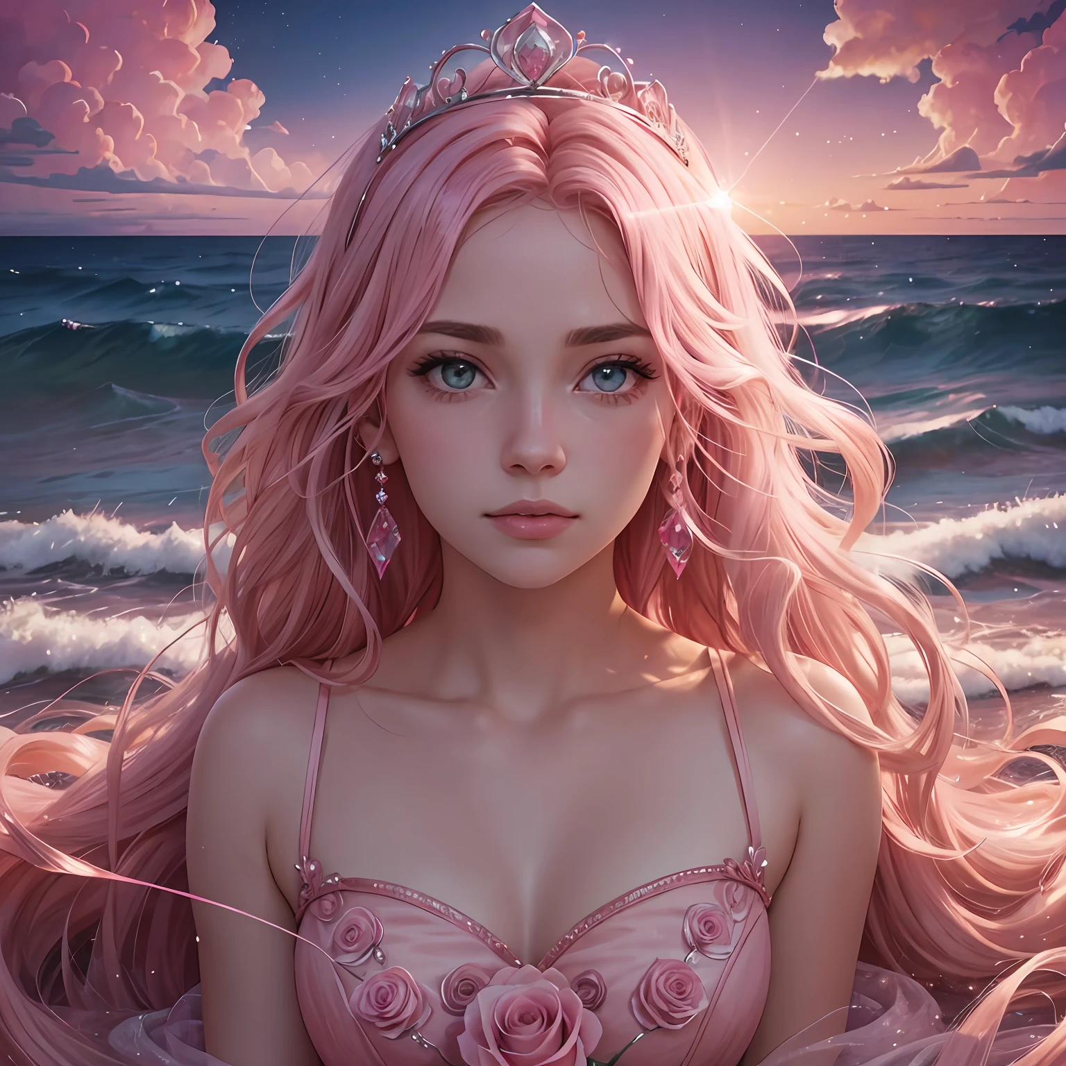 Pink moon，pink skies，Soft pink clouds，pink ocean waves 