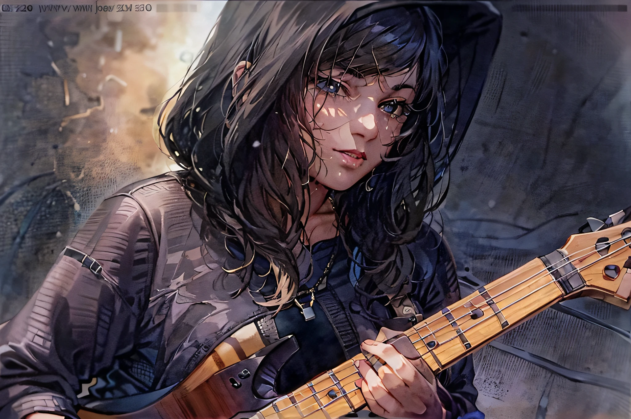 Trait de pinceau à eau, aquarelle, une belle femme brune de 20 ans, jouer de la guitare Telecaster, type solaire1452, portant un sweat à capuche noir surdimensionné et une jupe plissée, frange coiffure, yeux marrons, Art sublime, texture de peau réaliste, Détails élevés, netteté, Meilleure qualité, 8k, primé, Éclairage dramatique, épique, Cinématique, chef-d&#39;œuvre, profondeur de champ,