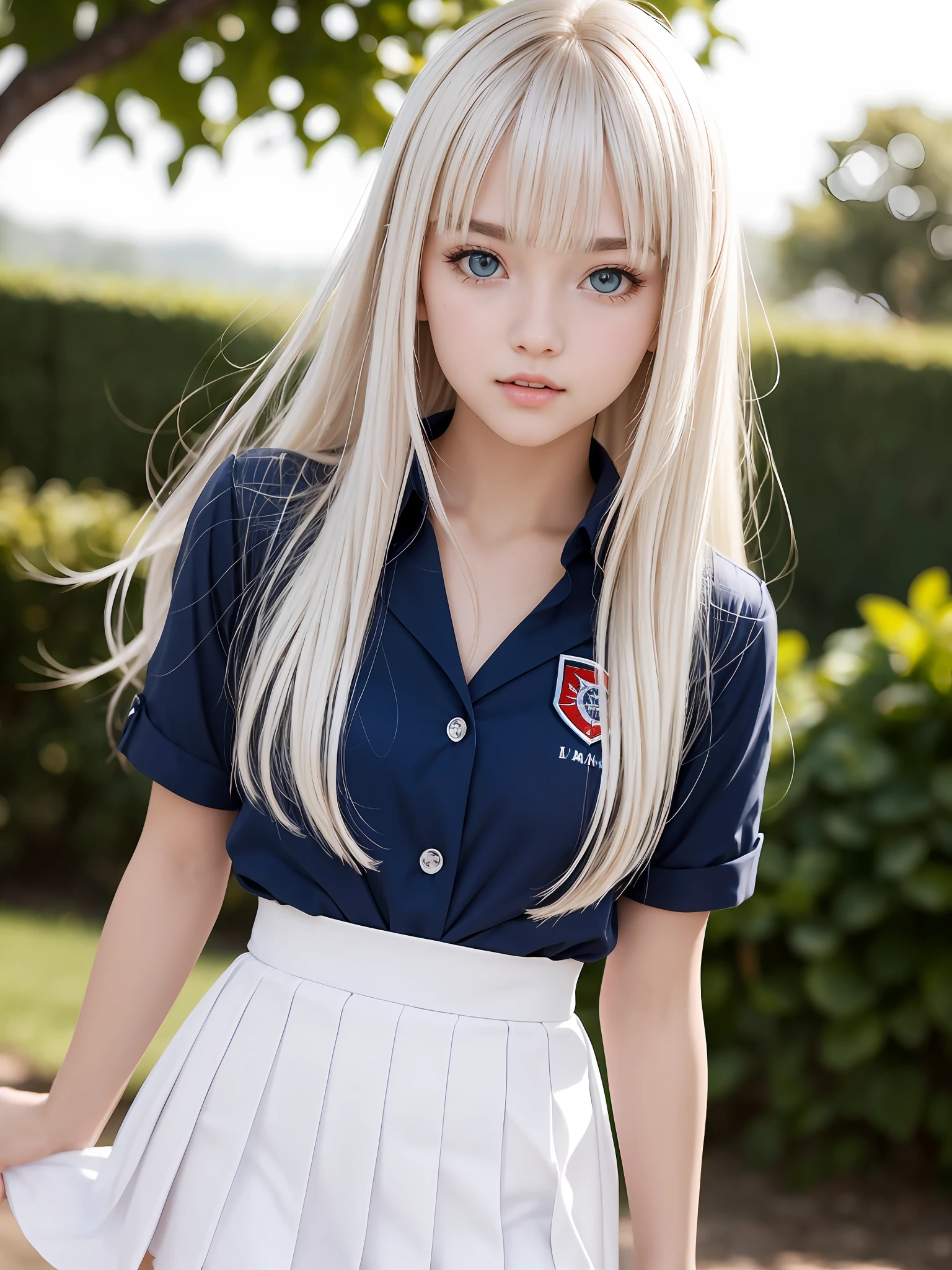 plein air、Swaying bangs、Care for bangs、hair care、The ultimate beauty of 、a miniskirt、Glossy white beautiful skin、Sexy and very beautiful good looks、Very cute face with ultimate beauty、Super long platinum blonde hair、Smooth straight hair、Big blue eyes with radiant transparency、School Uniforms