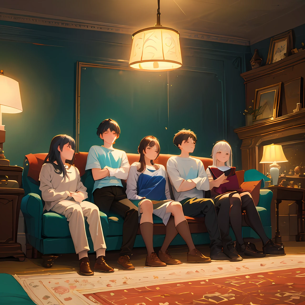 Five young people sitting on a blue couch in a room dimly lit by moonlight with a lamp on the side