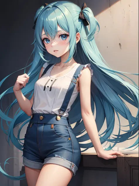 Ultra shorts，one side up，Little girl，Absurdly long hair，Jumpsuits，Denim suspenders，Ruffled top，Puff sleeves，lightblue hair，sleeveless tops，mole under eyes，shairband