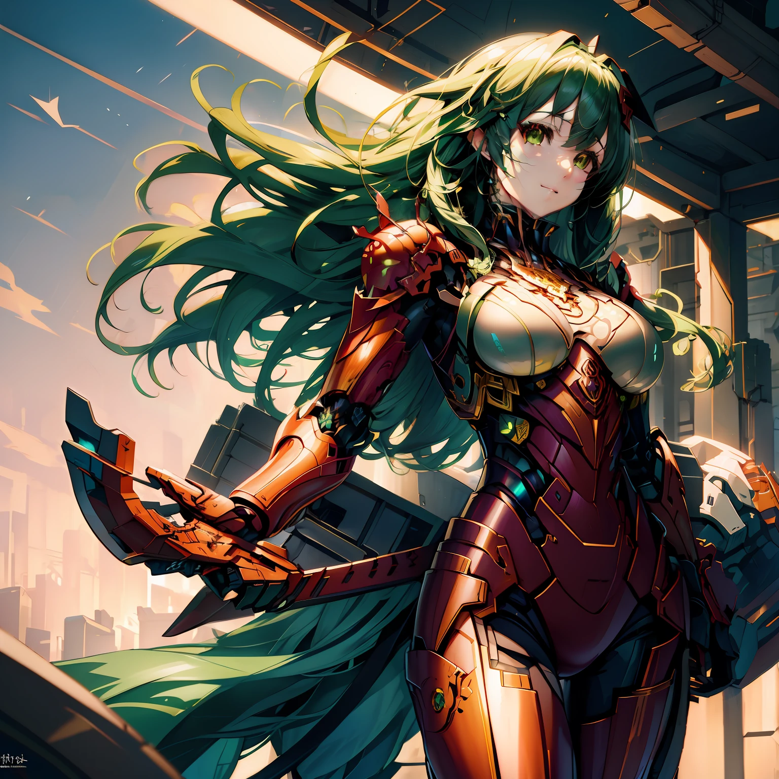 Chica anime con cabello verde y armadura sosteniendo una espada., germen artístico extremadamente detallado, retrato de una heroína de anime femenina, krenz cushart y artgerm, chica con armadura cibernética mecha, chica anime pícara, fanart exquisito muy detallado, expresando alegría. por Krenz Cushart, por Krenz Cushart, artgerm y atey ghailan